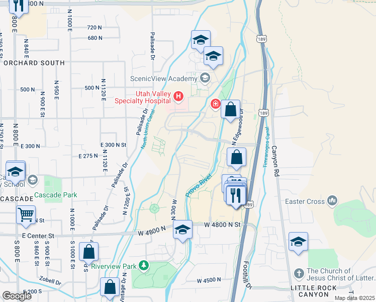 map of restaurants, bars, coffee shops, grocery stores, and more near 5102 North 300 West in Provo