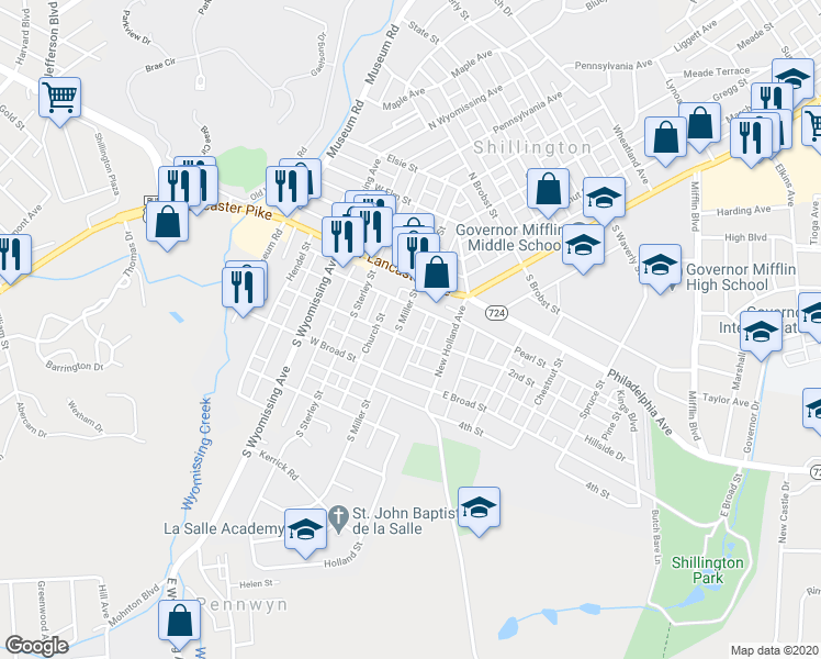 map of restaurants, bars, coffee shops, grocery stores, and more near 49 South Miller Street in Reading