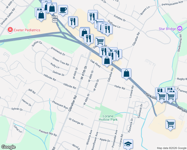map of restaurants, bars, coffee shops, grocery stores, and more near 165 West 48th Street in Reading