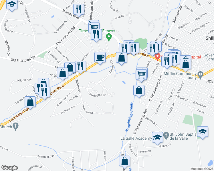 map of restaurants, bars, coffee shops, grocery stores, and more near 300 Barrington Drive in Shillington