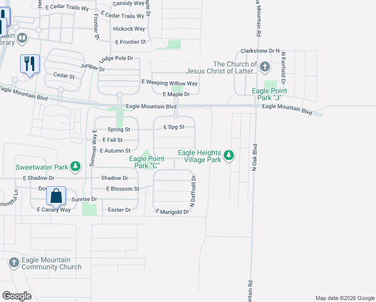 map of restaurants, bars, coffee shops, grocery stores, and more near 2398 East Cinder Lane in Eagle Mountain