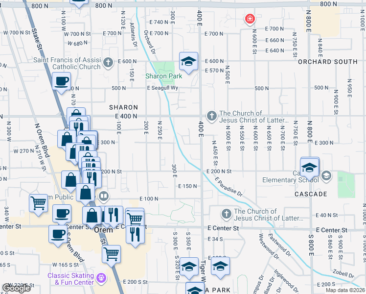 map of restaurants, bars, coffee shops, grocery stores, and more near 332 East 290 North Street in Orem