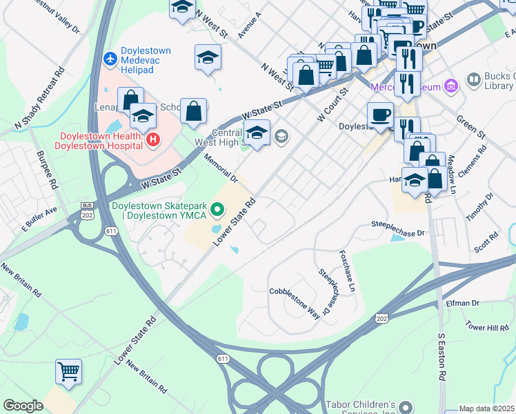 map of restaurants, bars, coffee shops, grocery stores, and more near 12-8 Aspen Way in Doylestown