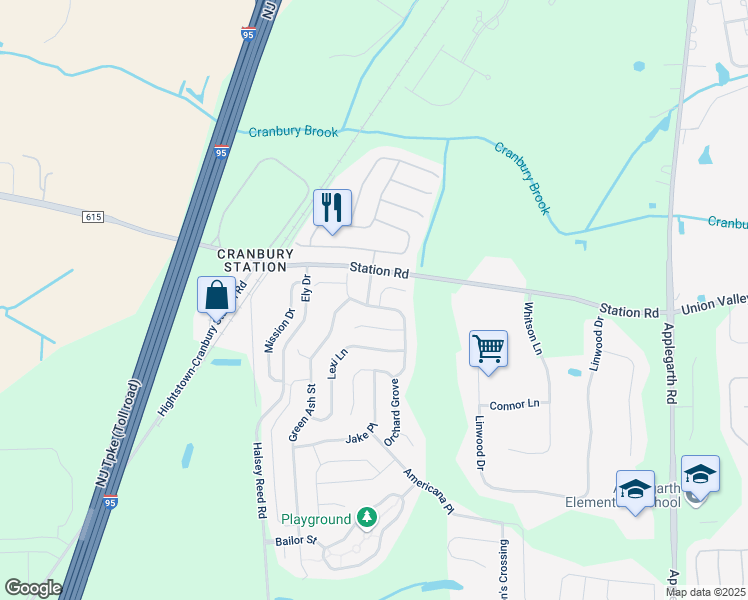 map of restaurants, bars, coffee shops, grocery stores, and more near 13 Honey Locust Drive in Monroe Township