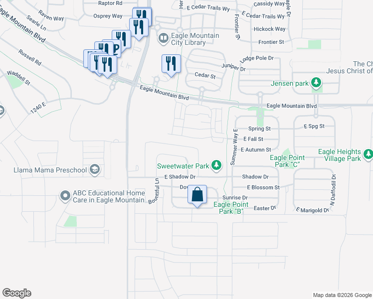map of restaurants, bars, coffee shops, grocery stores, and more near 1758 East Tumwater Lane in Eagle Mountain