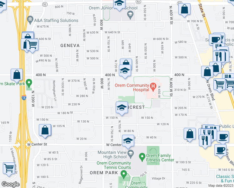 map of restaurants, bars, coffee shops, grocery stores, and more near 284 North 725 West Street in Orem
