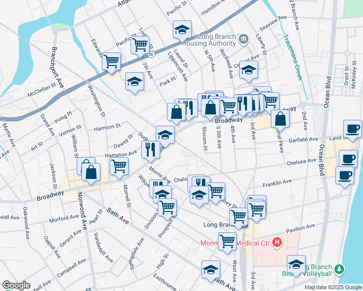 map of restaurants, bars, coffee shops, grocery stores, and more near 372 Broadway in Long Branch