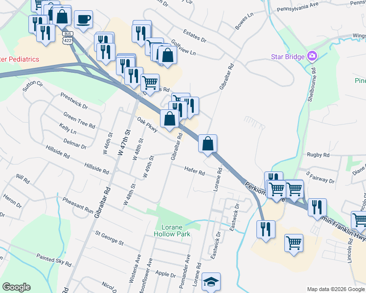 map of restaurants, bars, coffee shops, grocery stores, and more near 109 Gibraltar Road in Reading