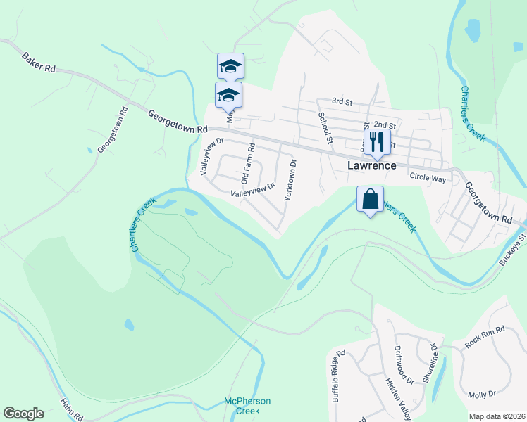 map of restaurants, bars, coffee shops, grocery stores, and more near 1153 Old Farm Road in Lawrence