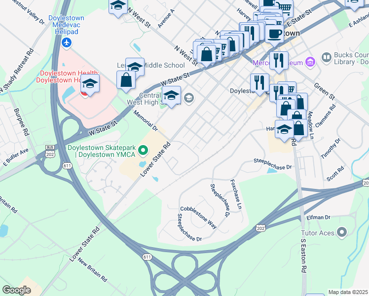 map of restaurants, bars, coffee shops, grocery stores, and more near 2-18 Aspen Way in Doylestown