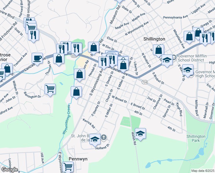 map of restaurants, bars, coffee shops, grocery stores, and more near 122 Church Street in Shillington