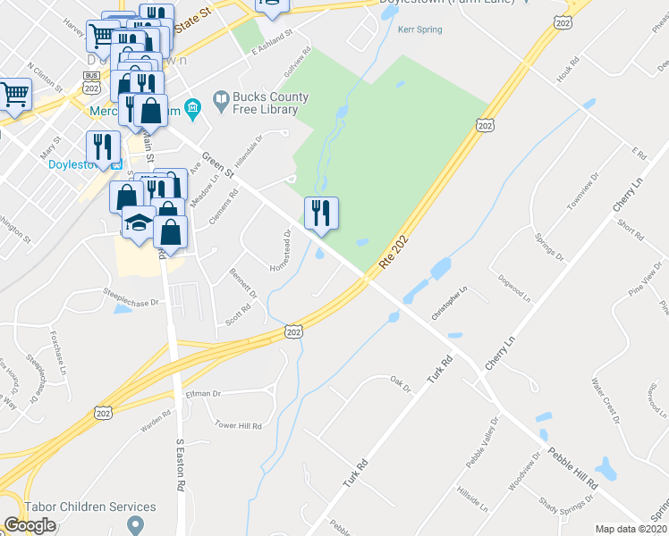 map of restaurants, bars, coffee shops, grocery stores, and more near 408 Pebble Hill Road in Doylestown