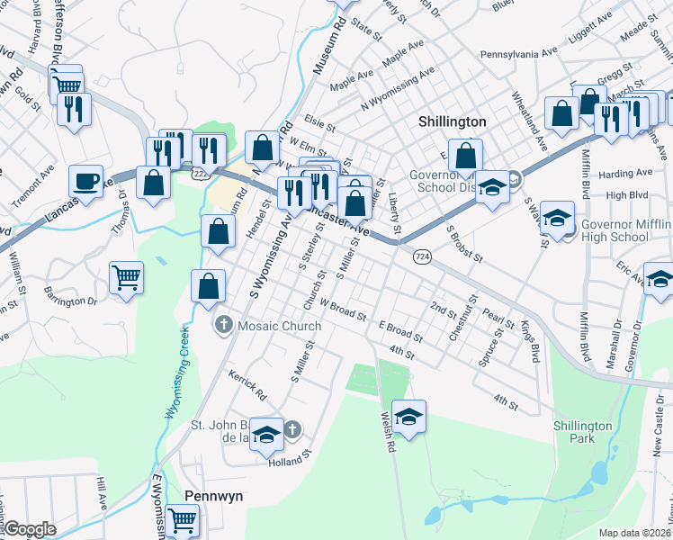 map of restaurants, bars, coffee shops, grocery stores, and more near 107 South Miller Street in Shillington