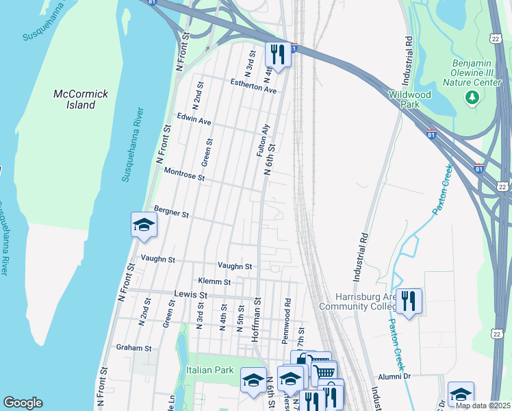 map of restaurants, bars, coffee shops, grocery stores, and more near 3440 North 6th Street in Harrisburg