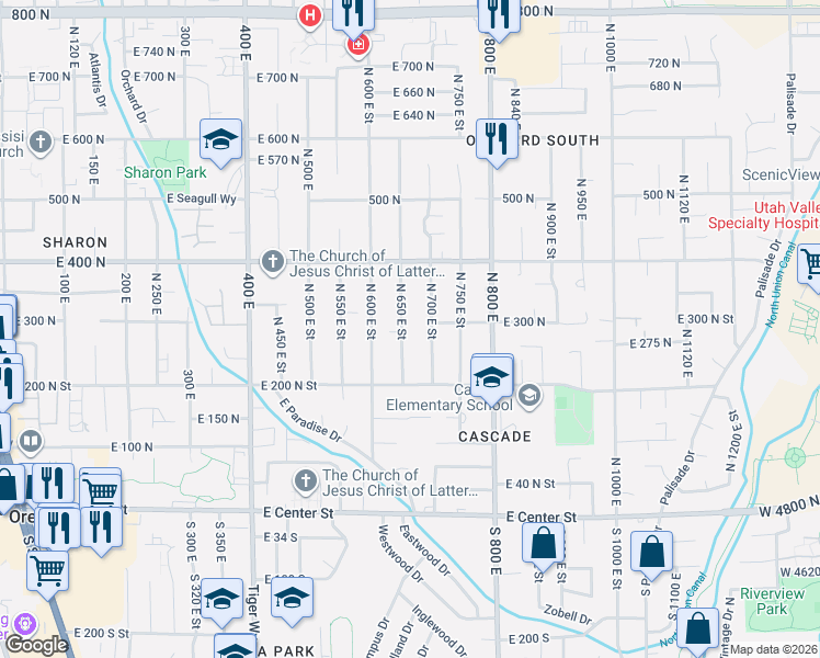 map of restaurants, bars, coffee shops, grocery stores, and more near 259 North 700 East in Orem