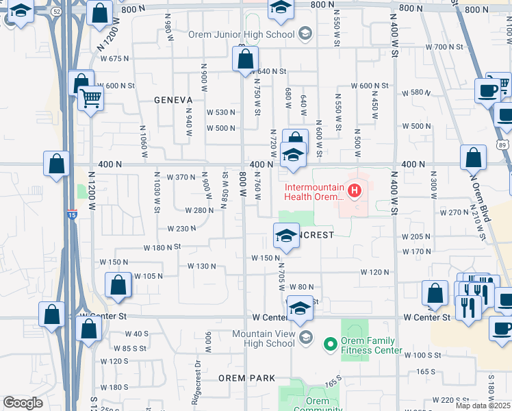map of restaurants, bars, coffee shops, grocery stores, and more near 273 North 760 West in Orem