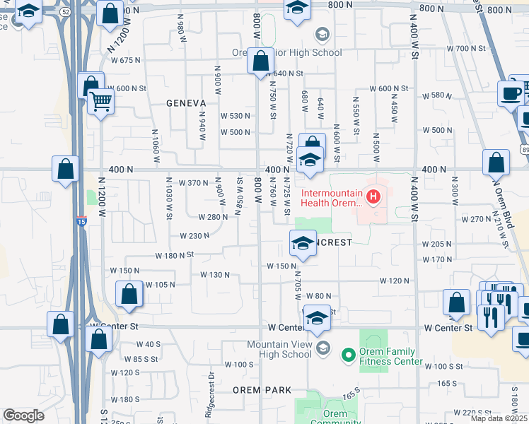 map of restaurants, bars, coffee shops, grocery stores, and more near 273 North 760 West in Orem