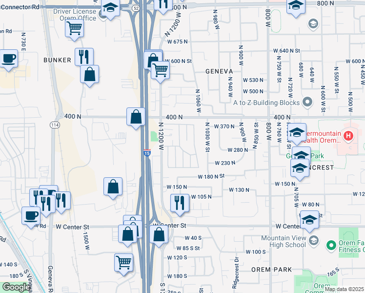map of restaurants, bars, coffee shops, grocery stores, and more near 38 John Lane in Orem