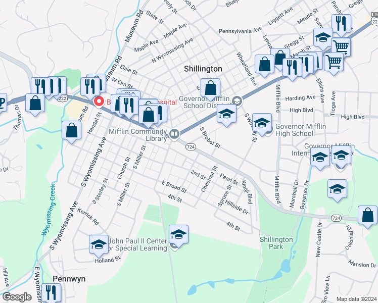 map of restaurants, bars, coffee shops, grocery stores, and more near 26 Franklin Street in Shillington