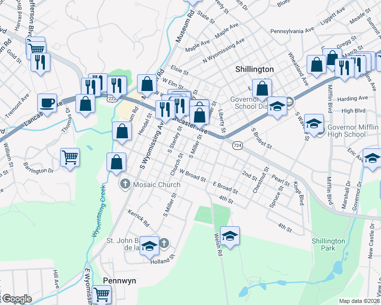 map of restaurants, bars, coffee shops, grocery stores, and more near 107 South Miller Street in Shillington