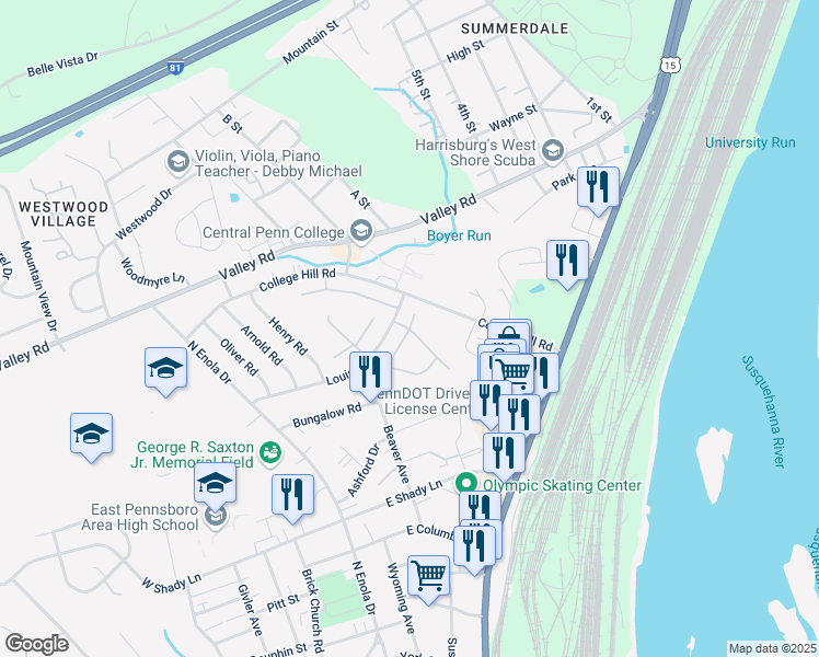 map of restaurants, bars, coffee shops, grocery stores, and more near 212 4 Seasons Lane in Enola