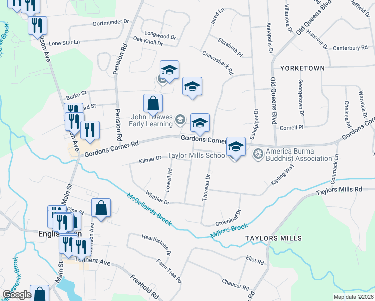 map of restaurants, bars, coffee shops, grocery stores, and more near 6 Whitman Boulevard in Manalapan Township