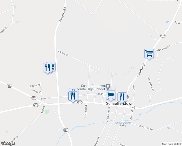 map of restaurants, bars, coffee shops, grocery stores, and more near 161 Linda Sue Lane in Myerstown