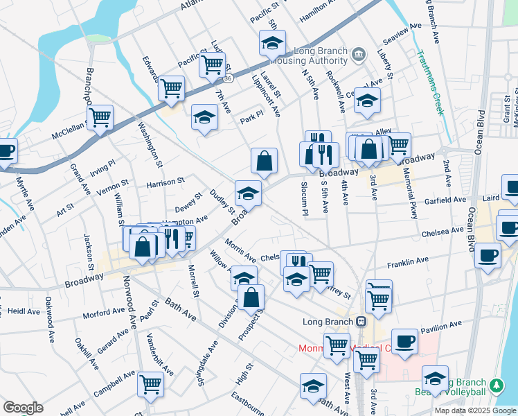 map of restaurants, bars, coffee shops, grocery stores, and more near 410 Broadway in Long Branch