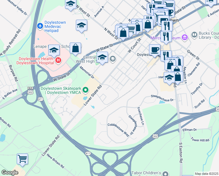 map of restaurants, bars, coffee shops, grocery stores, and more near 2-26 Aspen Way in Doylestown