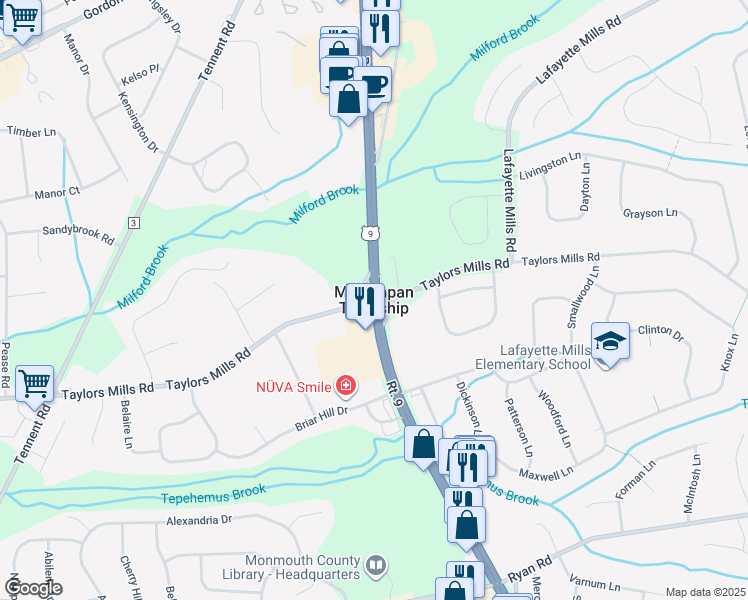 map of restaurants, bars, coffee shops, grocery stores, and more near in Manalapan Township