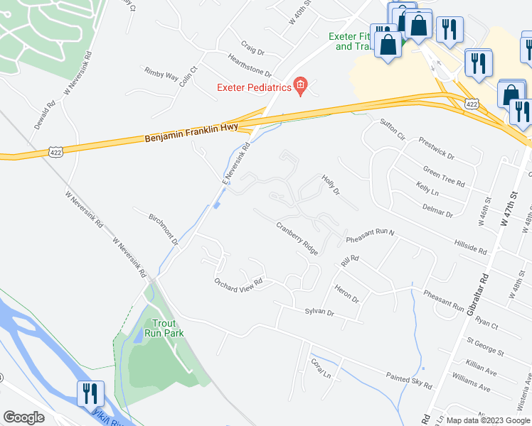 map of restaurants, bars, coffee shops, grocery stores, and more near 24-4 Heather Heights Court in Reading