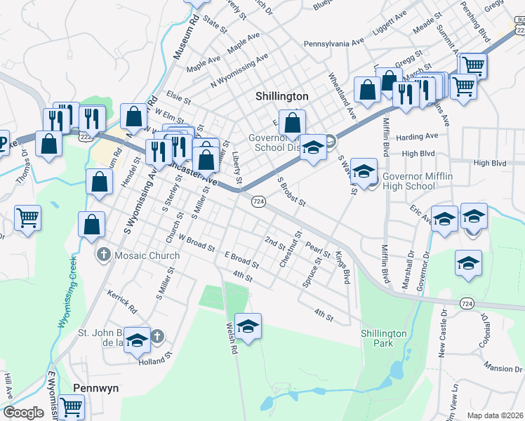 map of restaurants, bars, coffee shops, grocery stores, and more near 26 Franklin Street in Shillington