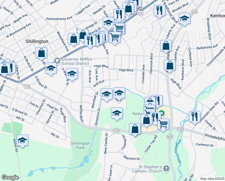 map of restaurants, bars, coffee shops, grocery stores, and more near 601 Governor Drive in Reading