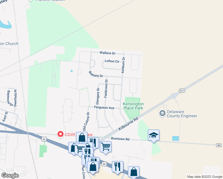 map of restaurants, bars, coffee shops, grocery stores, and more near 128 Fieldcrest Drive in Delaware