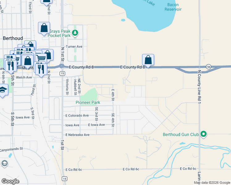 map of restaurants, bars, coffee shops, grocery stores, and more near 318 East Michigan Avenue in Berthoud