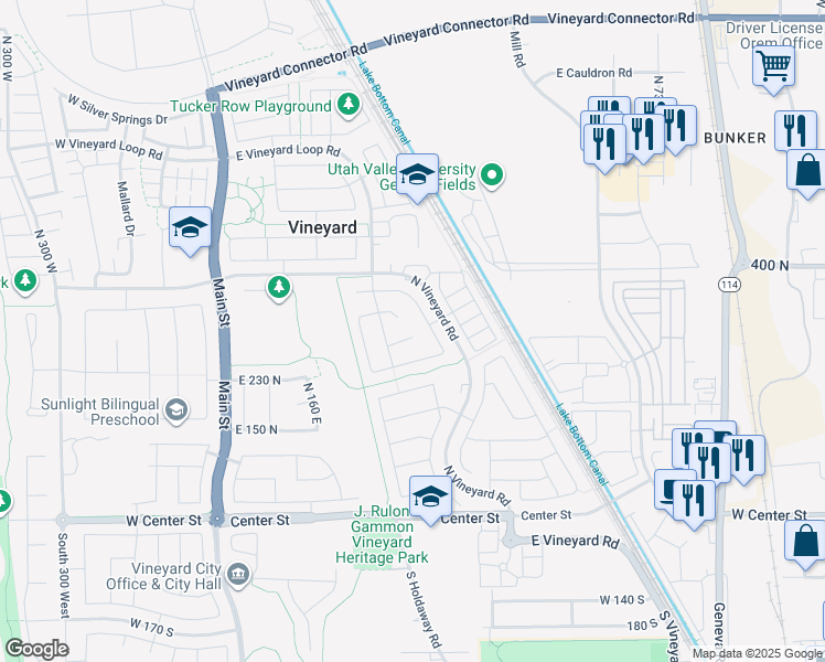 map of restaurants, bars, coffee shops, grocery stores, and more near 321 East 280 North in Vineyard