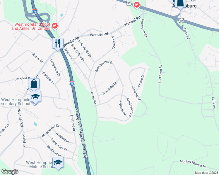 map of restaurants, bars, coffee shops, grocery stores, and more near Donatello Drive in Irwin