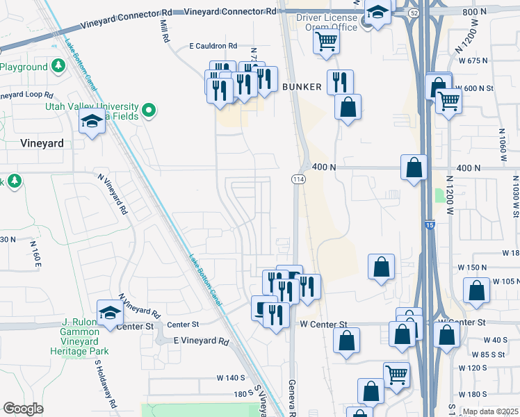 map of restaurants, bars, coffee shops, grocery stores, and more near 303 North 725 East in Vineyard