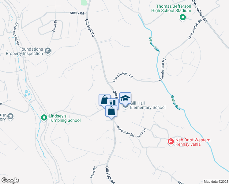 map of restaurants, bars, coffee shops, grocery stores, and more near 829 Gill Hall Road in Jefferson Hills