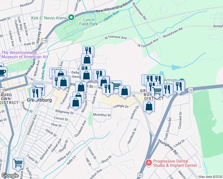 map of restaurants, bars, coffee shops, grocery stores, and more near 706 East Pittsburgh Street in Greensburg