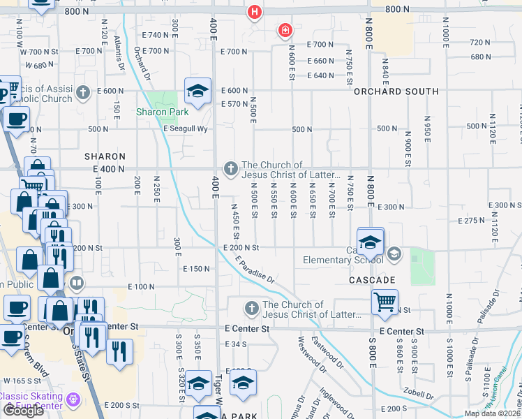 map of restaurants, bars, coffee shops, grocery stores, and more near 261 North 500 East in Orem