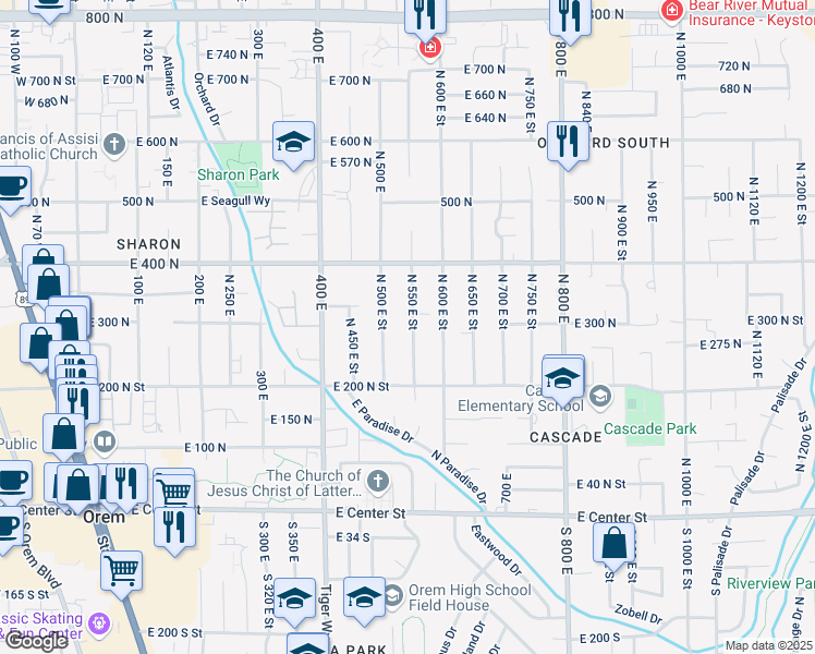 map of restaurants, bars, coffee shops, grocery stores, and more near 257 North 550 East in Orem