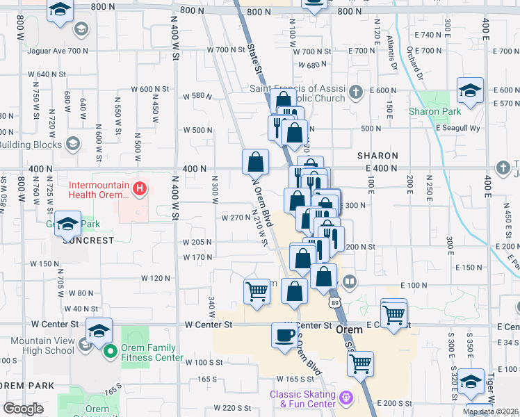 map of restaurants, bars, coffee shops, grocery stores, and more near 265 North 210 West Street in Orem