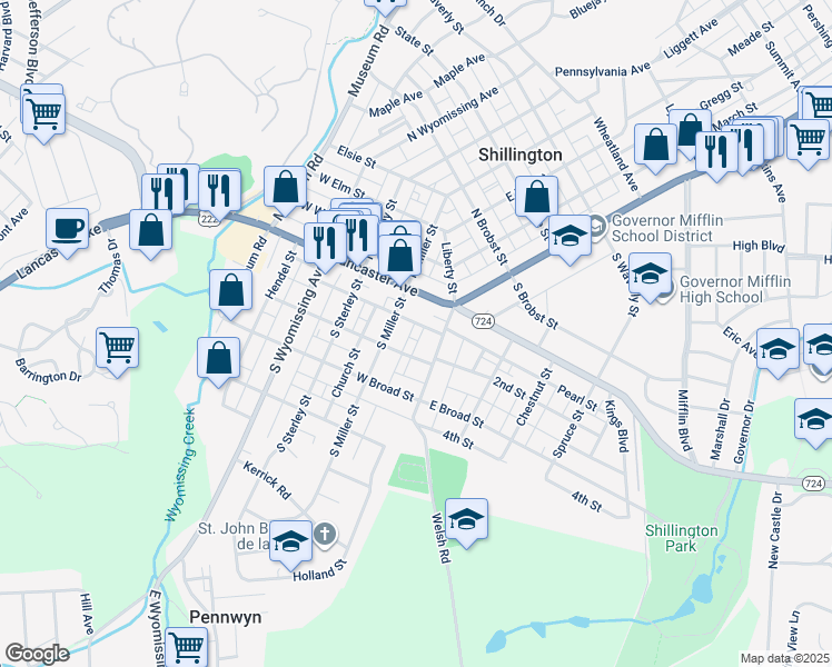 map of restaurants, bars, coffee shops, grocery stores, and more near 27 Washington Street in Shillington