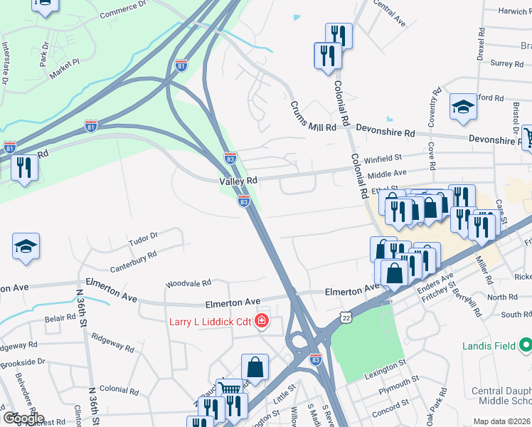 map of restaurants, bars, coffee shops, grocery stores, and more near 4101 Ridgeview Road in Harrisburg