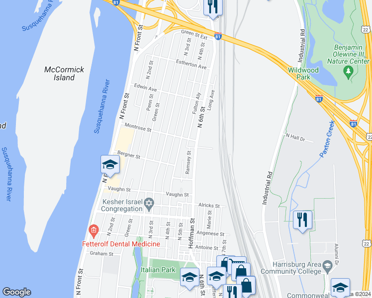 map of restaurants, bars, coffee shops, grocery stores, and more near 3424 North 6th Street in Harrisburg