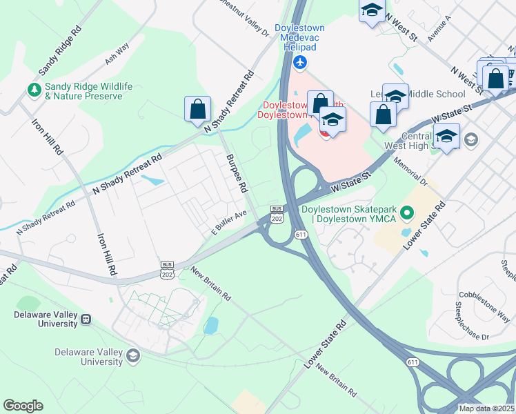 map of restaurants, bars, coffee shops, grocery stores, and more near 153 Commons Way in Doylestown
