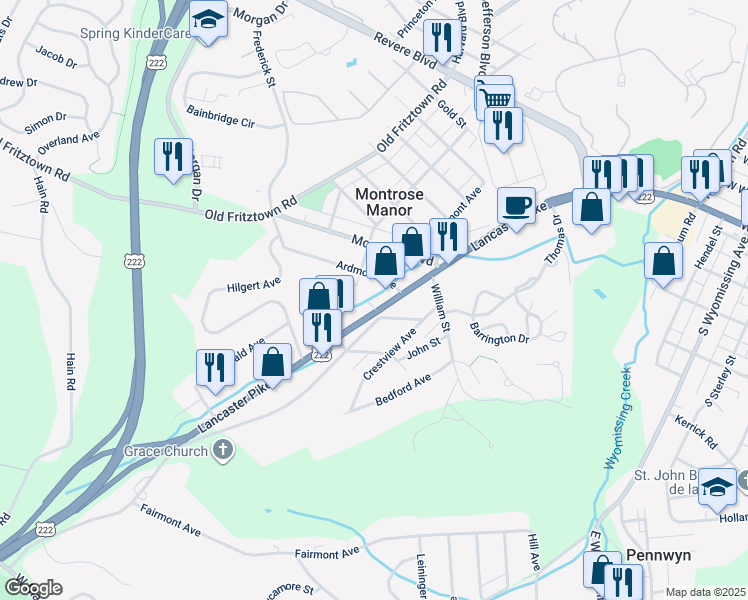 map of restaurants, bars, coffee shops, grocery stores, and more near 2342 Lancaster Pike in Reading