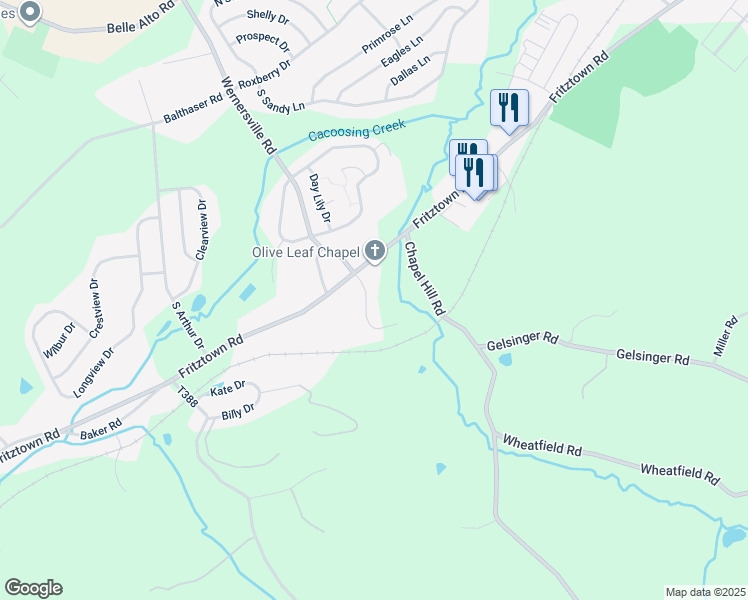 map of restaurants, bars, coffee shops, grocery stores, and more near 2 Jennifer Court in Sinking Spring