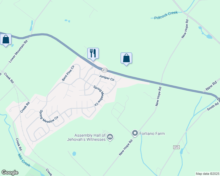 map of restaurants, bars, coffee shops, grocery stores, and more near 54 Wildflower Court in New Hope